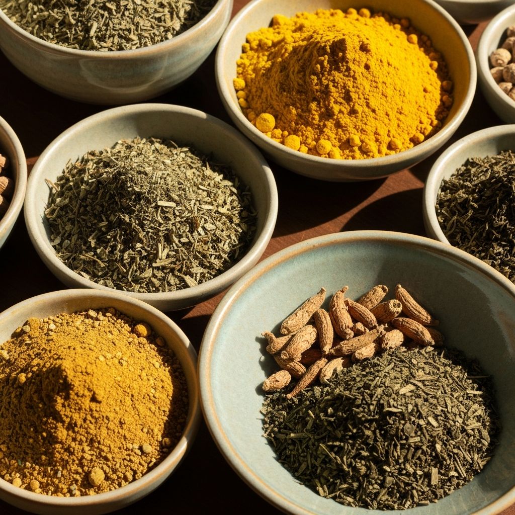 Collection of natural wellness ingredients - herbs, spices, and botanical extracts